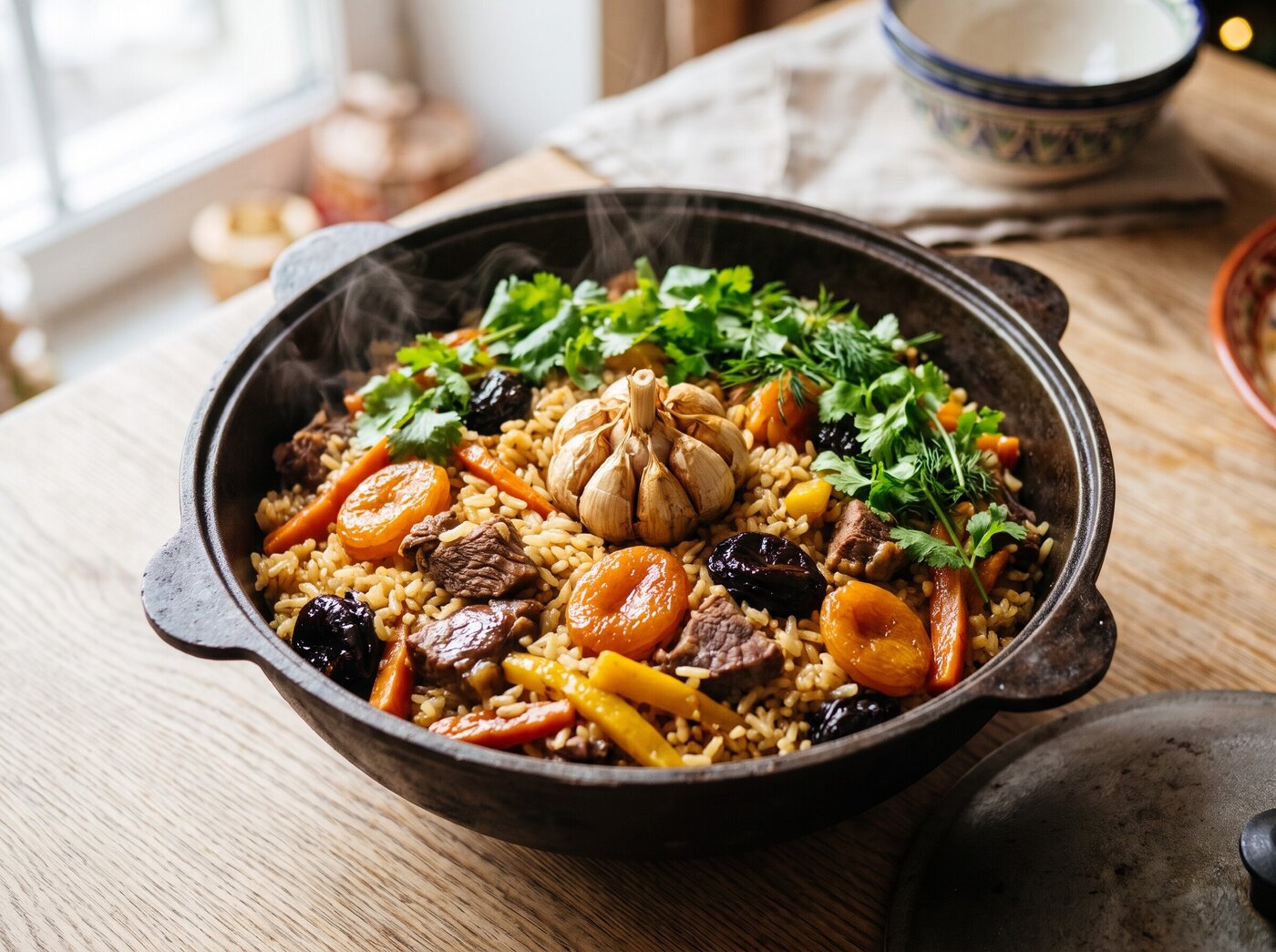 Плов с мясом, курагой и черносливом (сладкий плов, на 4 порции)