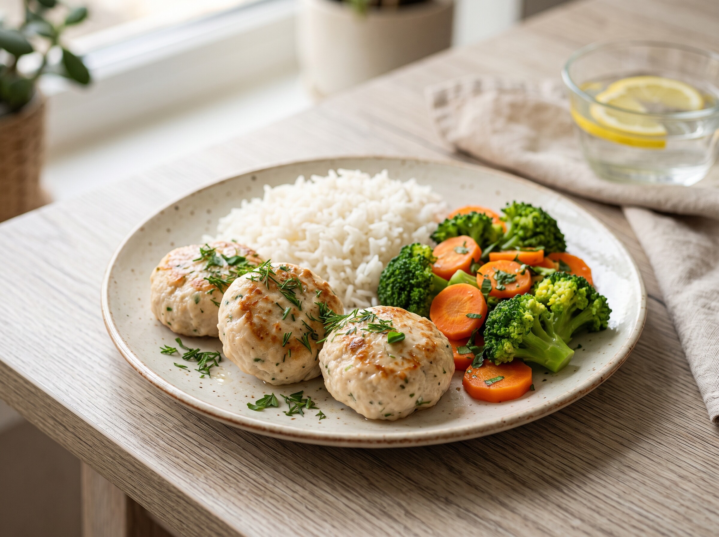 Паровые куриные котлеты с брокколи и рисом
