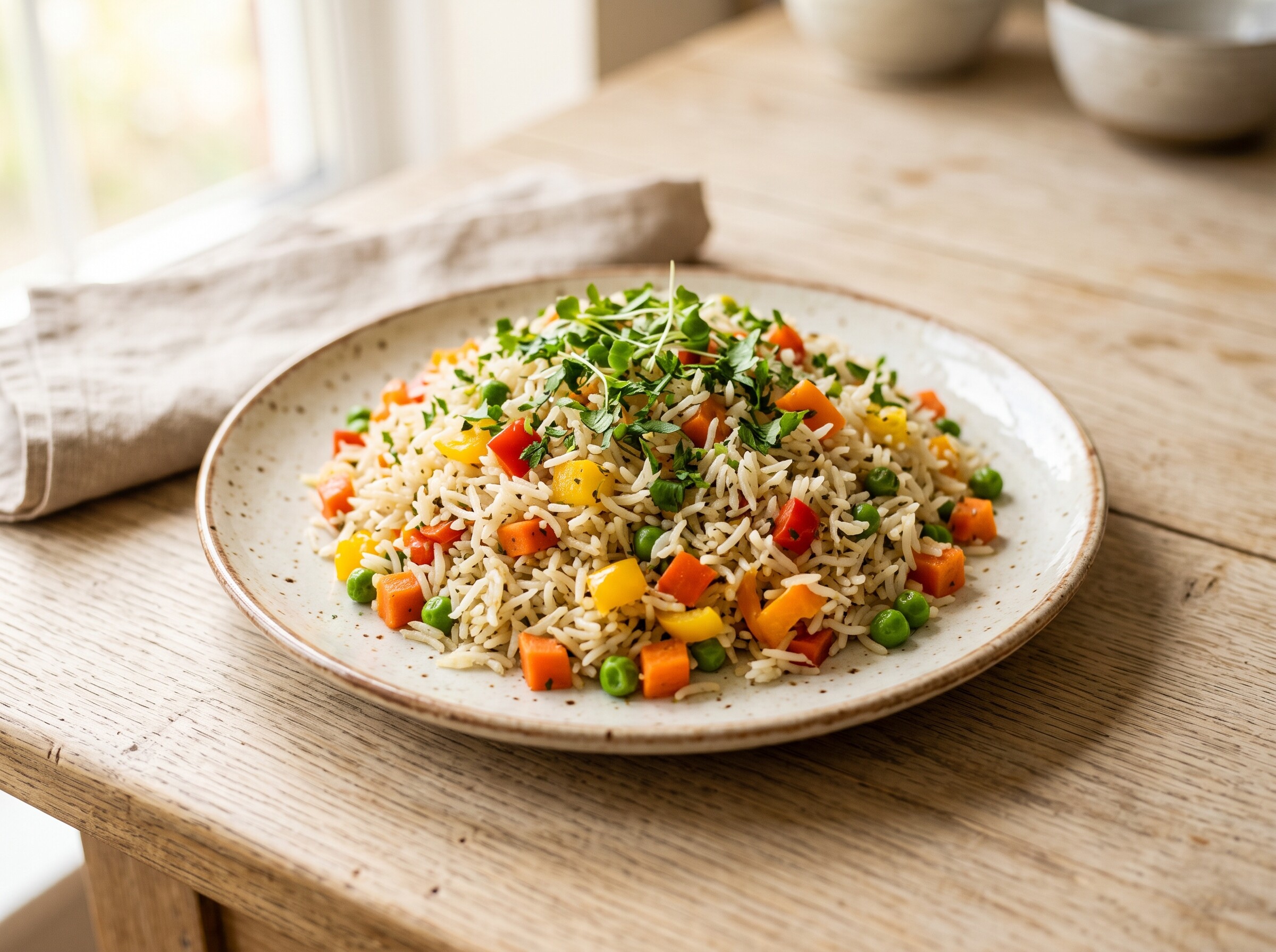 Рис с овощами и зелёным горошком